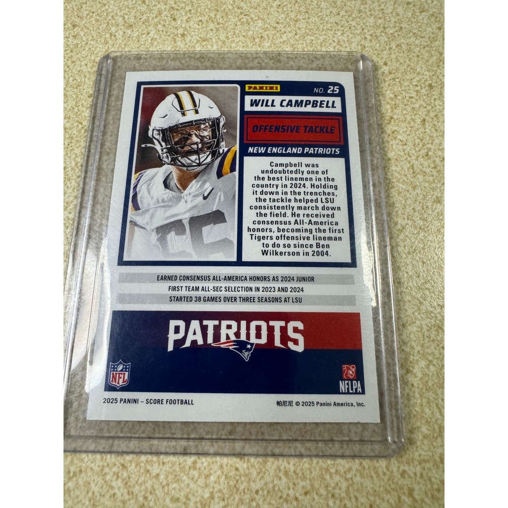 2025 Panini Score Will Campbell‎ Rookie Card No 25 LSU New England Patriots RC - Picture 2 of 2